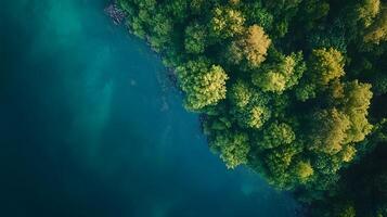 A beautiful view of a forest with a body of water in the background photo
