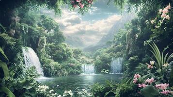 A lush green forest with a waterfall and a mountain in the background photo