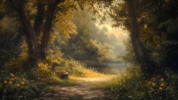 A painting of a forest with a path leading through it photo