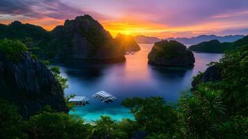 A beautiful sunset over a body of water with a boat in the foreground photo