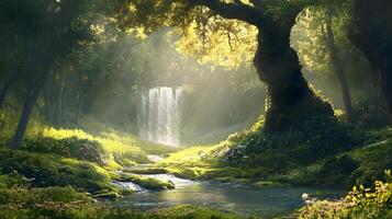 A lush green forest with a waterfall and a tree with a large trunk photo