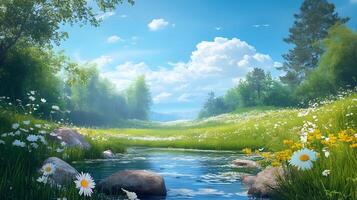 A serene and peaceful scene of a river surrounded by a lush green field with wil photo