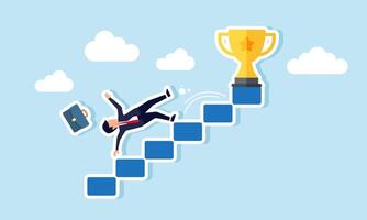 A businessman falls from a ladder leading to a trophy, illustration of failure in the attempt to make a leading company vector
