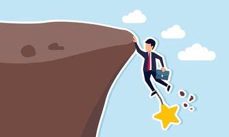 A businessman is at risk of falling while holding onto a star at the edge of a cliff, illustration of threatened business rating and quality decline vector