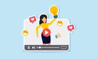 A businesswoman inside a promotional media raises and shows a lamp, illustration of presenting and showcasing business ideas to attract market engagement vector