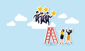 Several businesswomen observe businessmen above the clouds using ladders carrying stars, illustration of observing and analyzing business mentors in improving ratings and quality vector