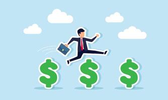 A businessman jumps over obstacles of dollar signs, illustration of step-by-step progress through financial milestones of a business company vector