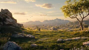 A beautiful landscape with a large tree in the foreground photo