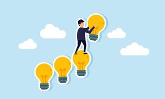 A businessman arranges a row of lamps like stairs, illustration of step-by-step improvement in refining business ideas and innovations vector