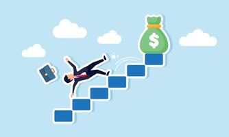 A businessman falls from a ladder leading to a sack of money, illustration of failure in the attempt to gain business profits vector