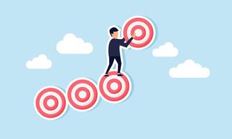 A businessman arranges a row of target boards like stairs, illustration of step-by-step completion of business targets vector