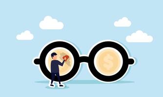 A businessman cleans glasses showing a dollar coin on the lenses with a cloth, illustration of maintaining a clear vision in viewing business profits vector