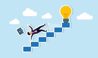 A businessman falls from a ladder leading to a lamp, illustration of failure in the attempt to obtain and apply business ideas and innovations vector