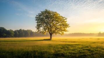 A tree stands in a field of grass, with the sun shining brightly on it photo