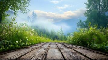 A wooded area with a path leading through it photo