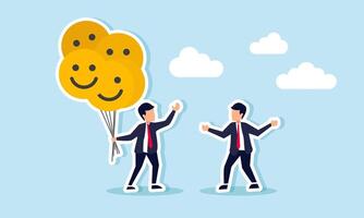 A businessman holds several happy emoticon balloons and shows them to other business partners, illustration of business motivation in strategies to increase business engagement vector