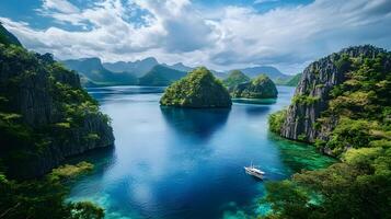 A boat is floating on a lake surrounded by mountains photo