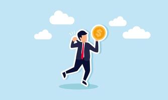 A businessman consciously pulls his own shirt while holding a dollar coin, illustration of self-awareness in restraining selfishness when seeking profit vector