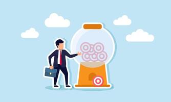 A businessman stands beside a target board-making machine, illustration of productivity in achieving new business targets vector