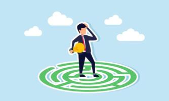 A businessman stands on a maze holding a lamp, illustration of confusion in finding business ideas and innovations to solve business problems vector