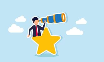 A businessman peers through a star, illustration of observing and analyzing strategies to improve business ratings and quality vector