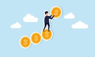 A businessman arranges a row of dollar coins like stairs, illustration of step-by-step arranging and managing company business finances vector
