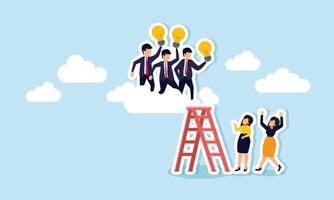 Several businesswomen observe businessmen above the clouds using ladders carrying lamps, illustration of observing and analyzing business mentors in applying ideas and innovations vector