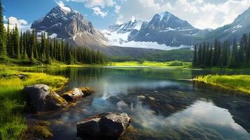 A beautiful lake surrounded by mountains and trees photo