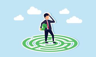 A businessman stands on a maze holding a dollar sign, illustration of confusion in managing financial stability of a business company vector