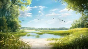 A beautiful, serene landscape with a body of water and trees photo