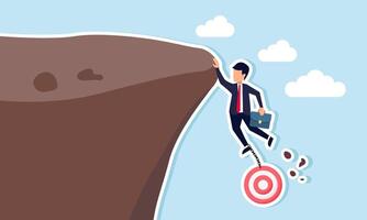 A businessman is at risk of falling while holding onto a target board at the edge of a cliff, illustration of facing failure in meeting company business targets vector