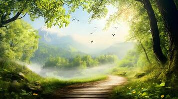 A forest with a path leading through it photo