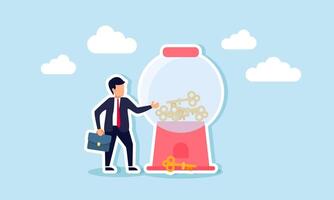 A businessman stands beside a key-making machine, illustration of receiving third-party assistance or solutions for business problems vector