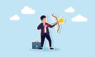 A businessman prepares to shoot an arrow with a star, illustration of targeting increased business rating and quality vector