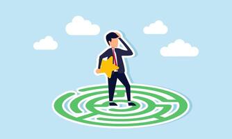 A businessman stands on a maze holding a star, illustration of confusion in designing strategies to improve business ratings and quality vector