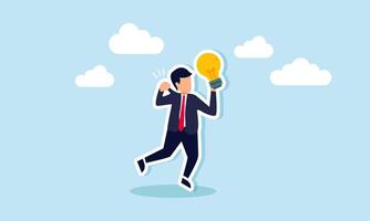 A businessman consciously pulls his own shirt while holding a lamp, illustration of self-awareness in restraining selfishness when applying business ideas and innovations vector