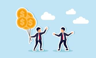 A businessman holds several dollar coin balloons and shows them to other business partners, illustration of business motivation in financial stability strategies vector