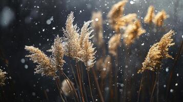 A field of tall grass with snow on it photo