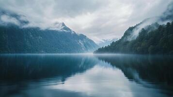 A lake with mountains in the background and a foggy mist photo