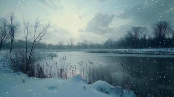 A snowy landscape with a body of water and trees in the background photo