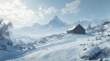 A snowy mountain range with a cabin in the distance photo