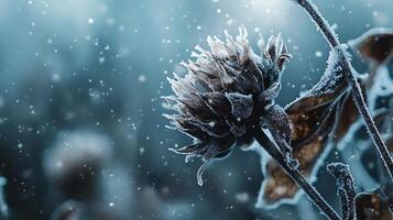 A flower covered in snow is the main focus of the image photo
