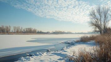A frozen river with a tree in the background photo