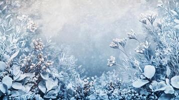 A snowy field with a few flowers in the foreground photo