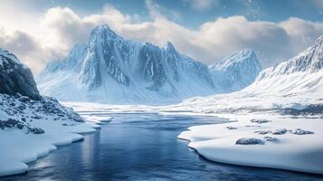 A snowy mountain range with a river running through it photo