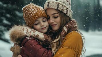 A woman and a child are hugging each other in the snow photo