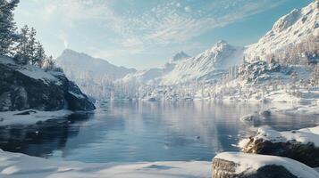 A beautiful snowy landscape with a lake and mountains in the background photo