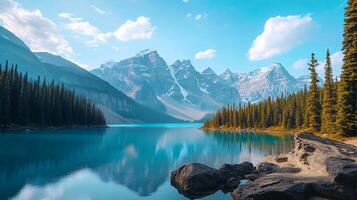A beautiful mountain lake with a blue sky in the background photo