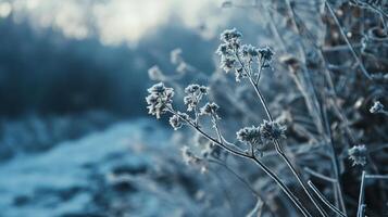 A close up of a frozen flower with a blue sky in the background photo