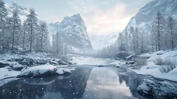 A snowy landscape with a river and mountains in the background photo